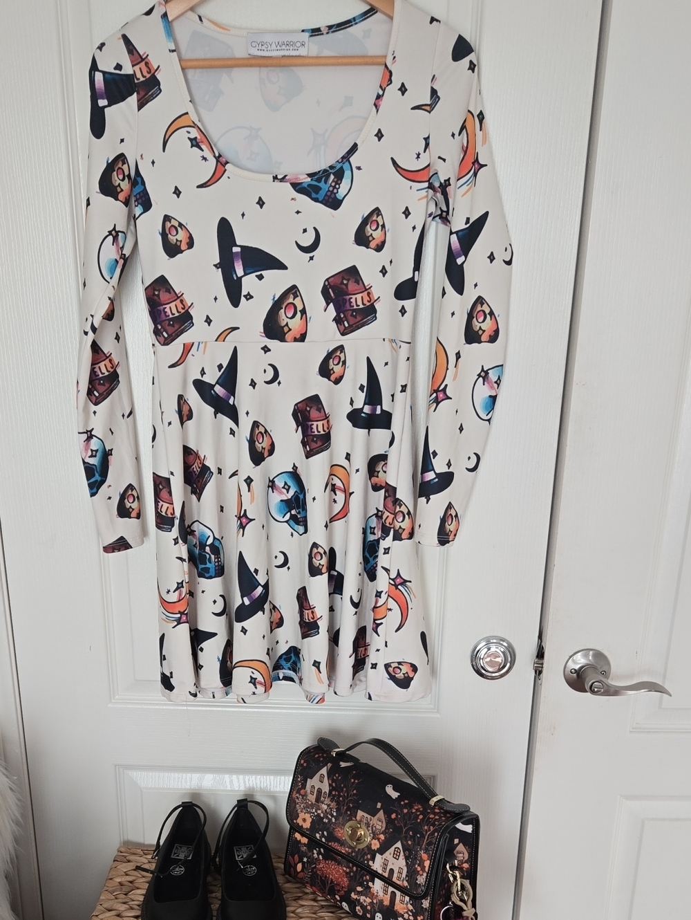 White Halloween Long Sleeve Dress With Quiji, Spell Books And Crystal Balls